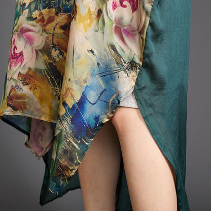 Irregular Hem Floral Printed Silky Dress