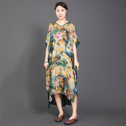 Irregular Hem Floral Printed Silky Dress