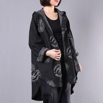 Irregular Hem Printed Black Denim Hooded Coat