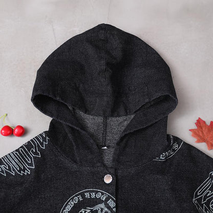 Irregular Hem Printed Black Denim Hooded Coat