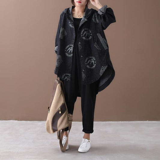 Irregular Hem Printed Black Denim Hooded Coat