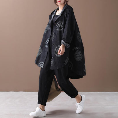 Irregular Hem Printed Black Denim Hooded Coat
