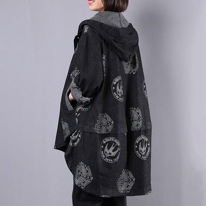 Irregular Hem Printed Black Denim Hooded Coat