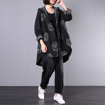 Irregular Hem Printed Black Denim Hooded Coat