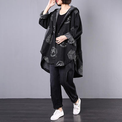 Irregular Hem Printed Black Denim Hooded Coat