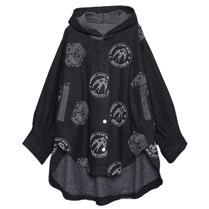 Irregular Hem Printed Black Denim Hooded Coat