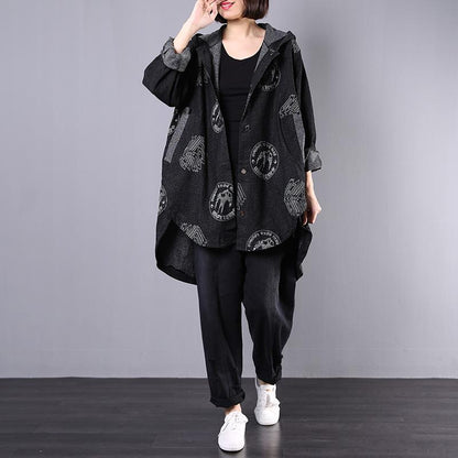 Irregular Hem Printed Black Denim Hooded Coat