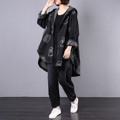 Irregular Hem Printed Black Denim Hooded Coat
