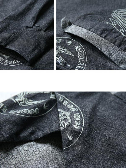 Irregular Hem Printed Black Denim Hooded Coat
