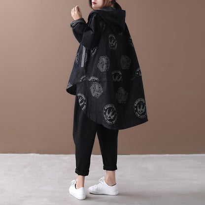 Irregular Hem Printed Black Denim Hooded Coat