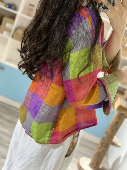 Irregular Plaid Linen Button Stand Collar Blouse