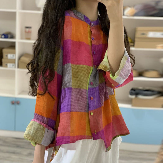 Irregular Plaid Linen Button Stand Collar Blouse