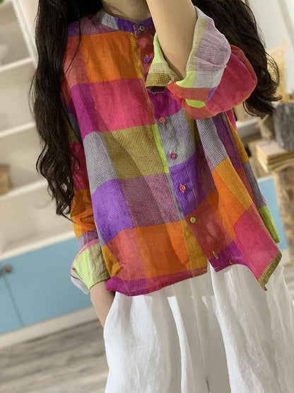 Irregular Plaid Linen Button Stand Collar Blouse