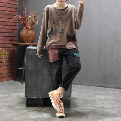 Irregular Printed Patchwork Loose Knit Shirt