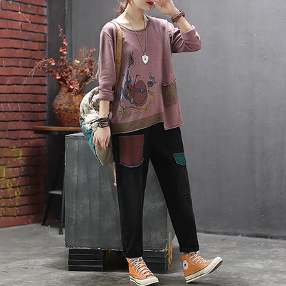 Irregular Printed Patchwork Loose Knit Shirt