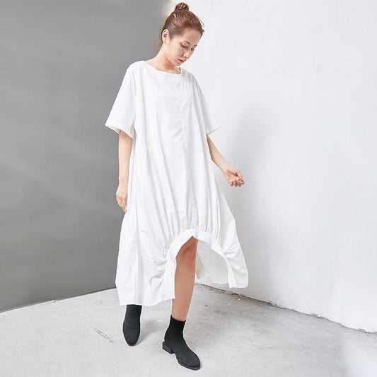 Irregular Solid Cotton Short Sleeve Dress