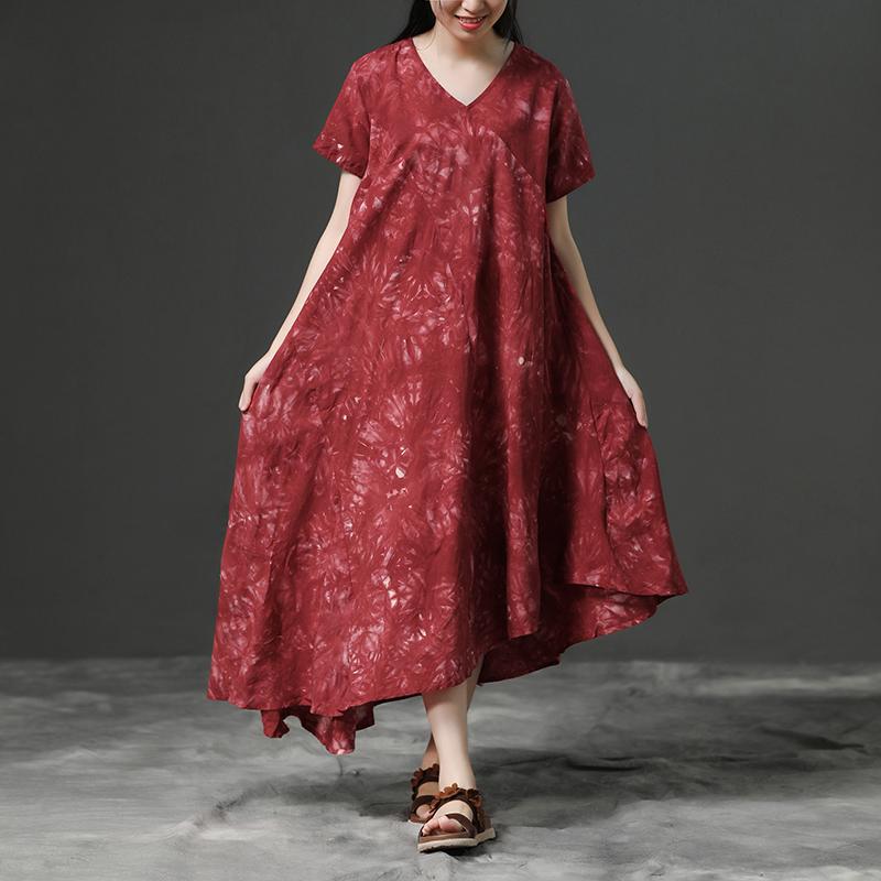 Irregular V-neck Red Short Sleeve Cotton Dress