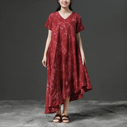Irregular V-neck Red Short Sleeve Cotton Dress