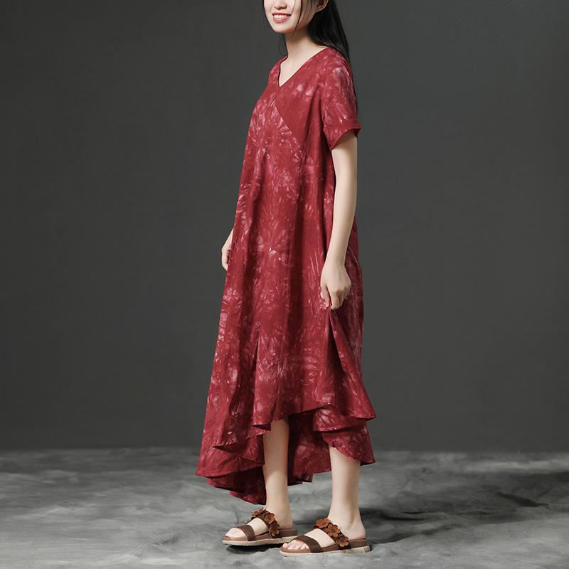 Irregular V-neck Red Short Sleeve Cotton Dress