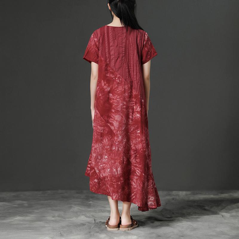 Irregular V-neck Red Short Sleeve Cotton Dress