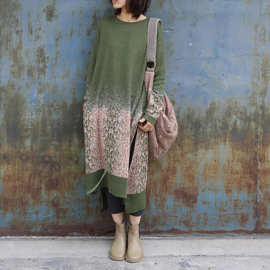 Jacquard Side Split Loose Long Knit Shirt