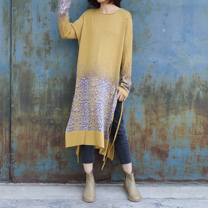 Jacquard Side Split Loose Long Knit Shirt