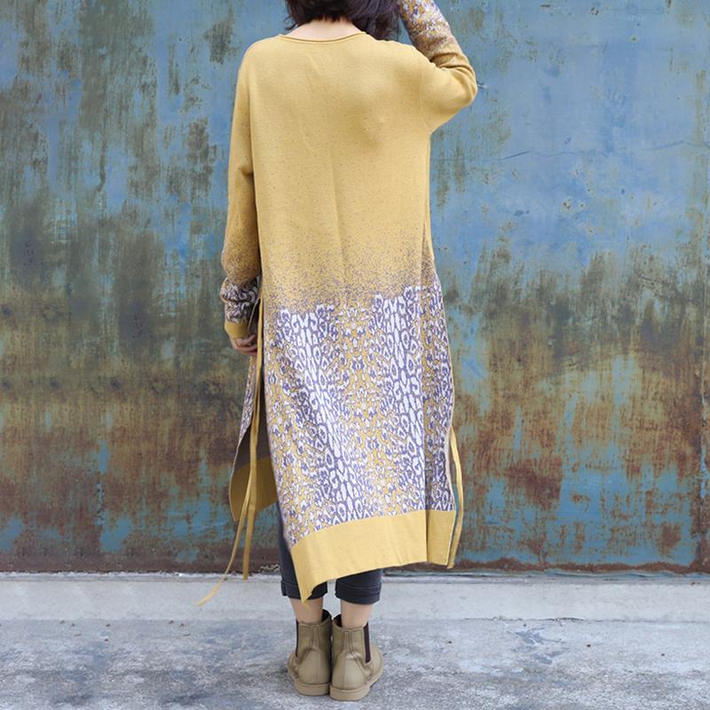 Jacquard Side Split Loose Long Knit Shirt