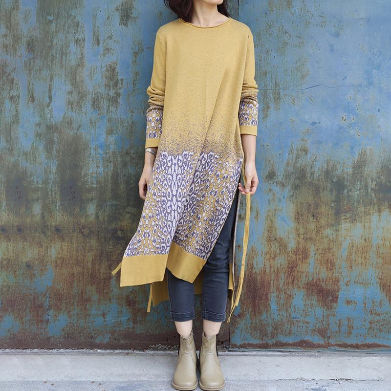 Jacquard Side Split Loose Long Knit Shirt