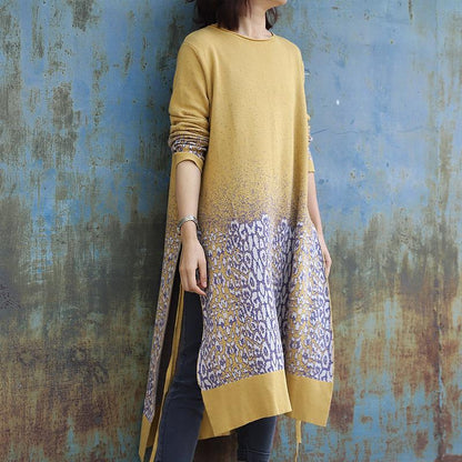 Jacquard Side Split Loose Long Knit Shirt