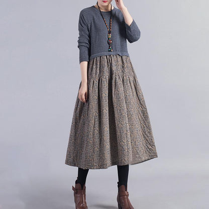 Knit Stitching Floral Printed Casual Dress
