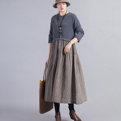 Knit Stitching Floral Printed Casual Dress