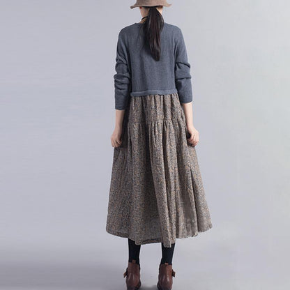 Knit Stitching Floral Printed Casual Dress