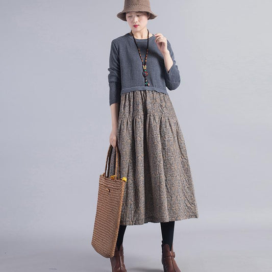 Knit Stitching Floral Printed Casual Dress