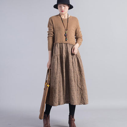 Knit Stitching Floral Printed Casual Dress
