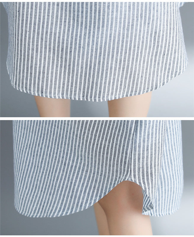 Loose Ramie Cotton Striped Shirt Dress