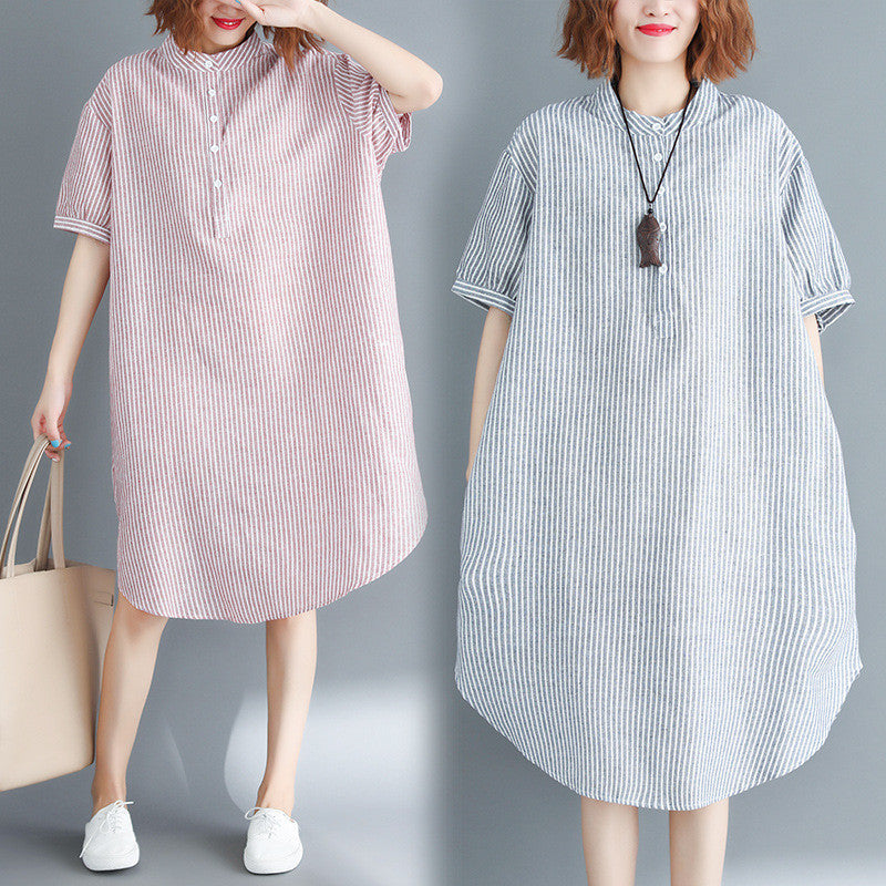 Loose Ramie Cotton Striped Shirt Dress