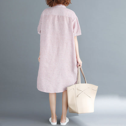 Loose Ramie Cotton Striped Shirt Dress