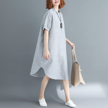 Loose Ramie Cotton Striped Shirt Dress