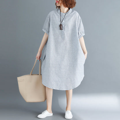 Loose Ramie Cotton Striped Shirt Dress