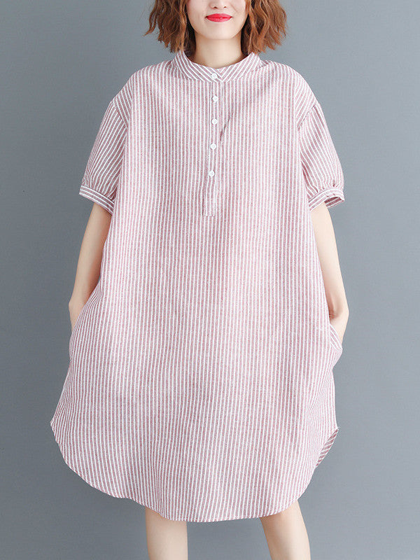 Loose Ramie Cotton Striped Shirt Dress