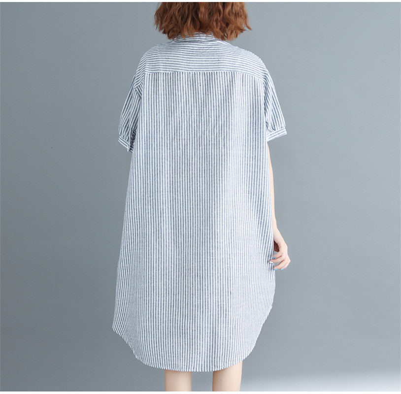 Loose Ramie Cotton Striped Shirt Dress