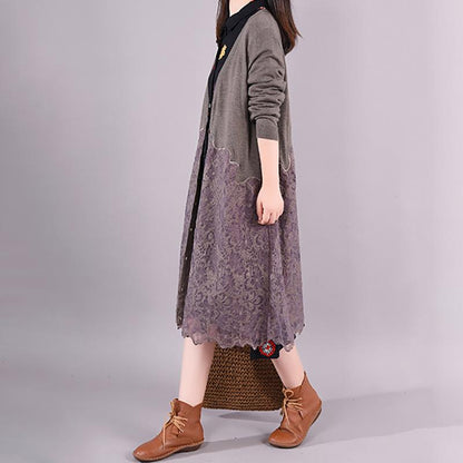 Buykud Lace Stitching Casual Elegant Loose Coat