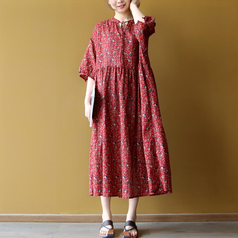 Lacing Casual Floral Women Pleated Dress