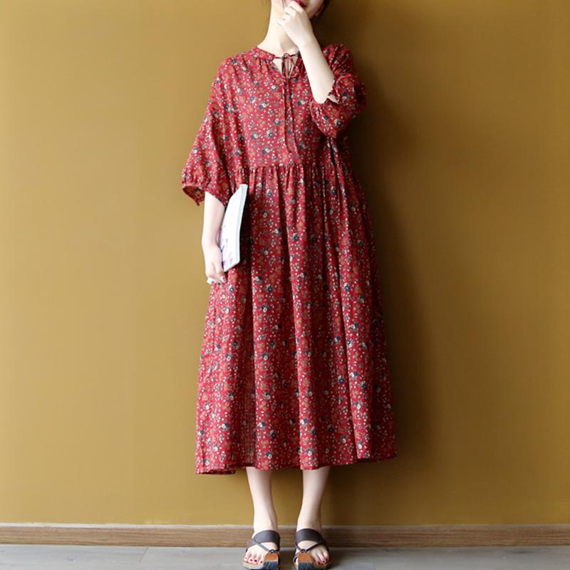 Lacing Casual Floral Women Pleated Dress