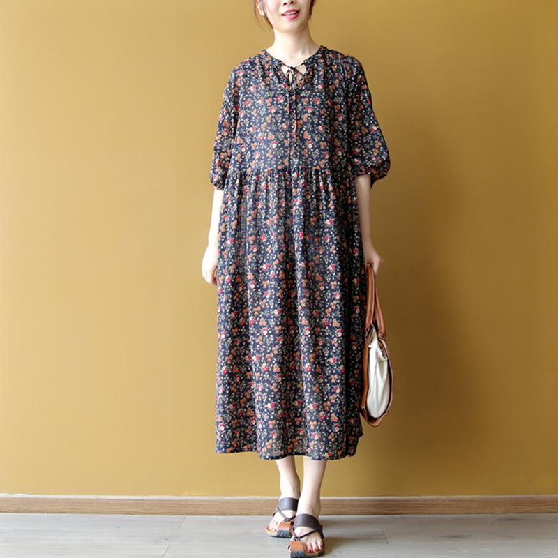 Lacing Casual Floral Women Pleated Dress