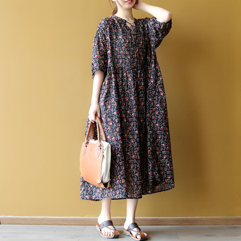 Lacing Casual Floral Women Pleated Dress