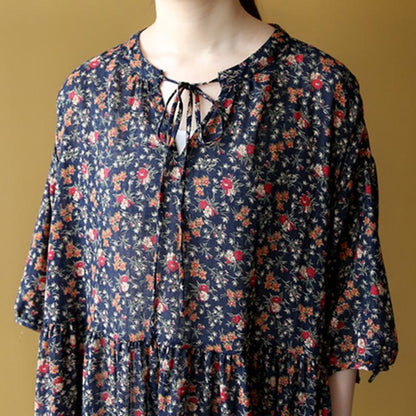 Lacing Casual Floral Women Pleated Dress