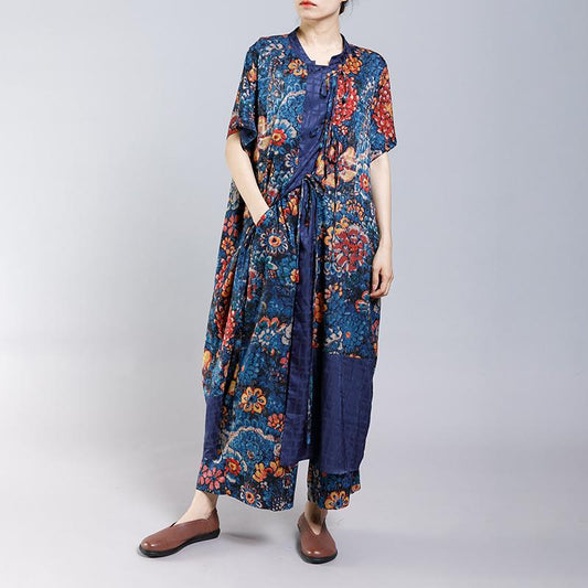 Lacing Floral Printed Casual Two Piece Set