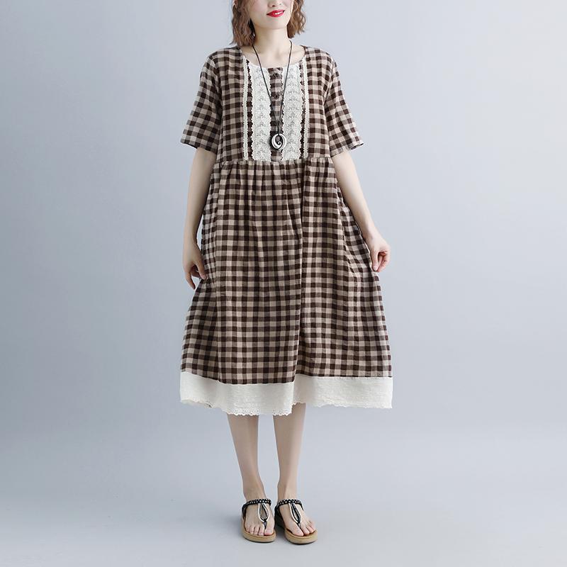 Lacing Short Sleeve Plaid Pockets Retro Casual Dress