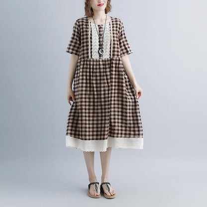 Lacing Short Sleeve Plaid Pockets Retro Casual Dress